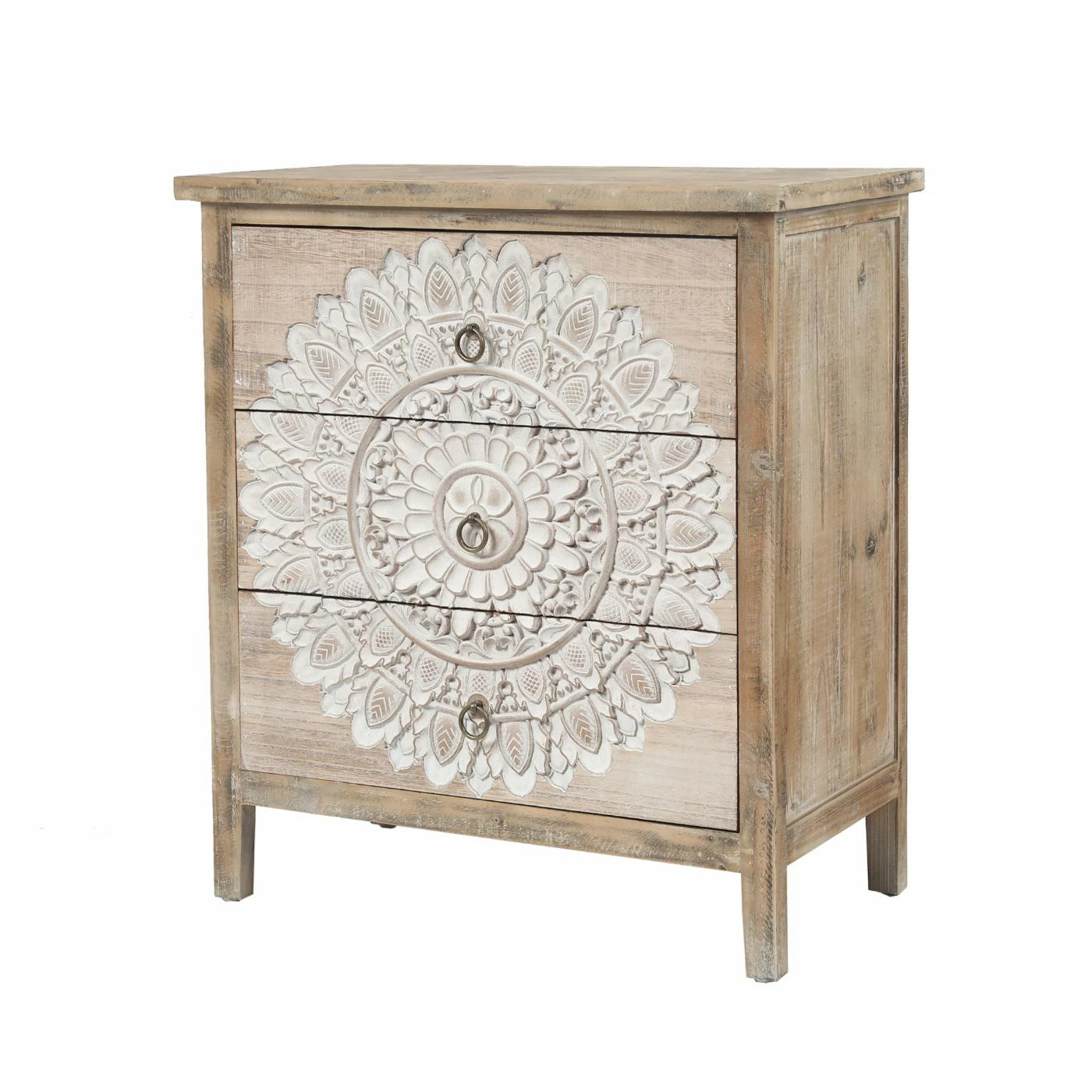 Promo π Rectangle End Tables & Side Tables LuxenHome Natural Wood White Floral 3-Drawer End Table β - Image 4