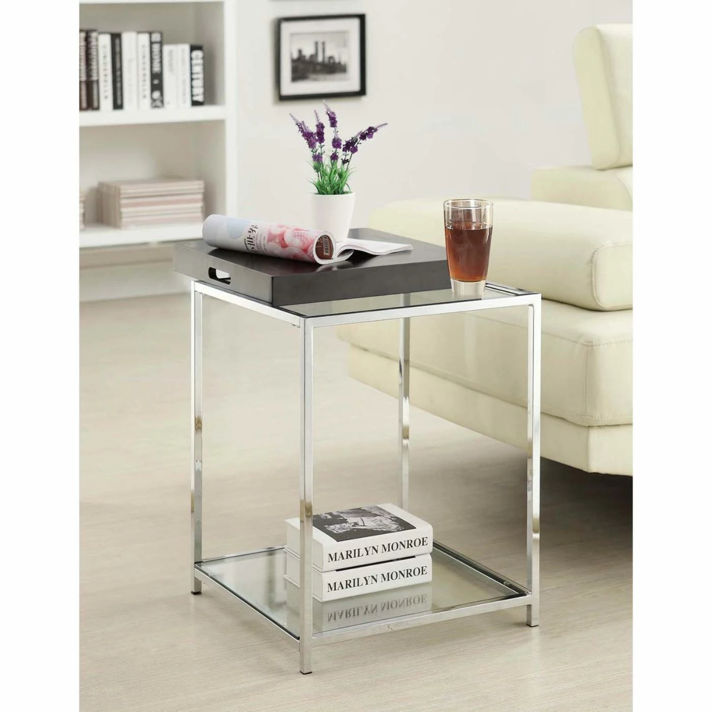 Brand new ๐ Square End Tables & Side Tables Convenience Concepts Palm Beach Square Metal And Glass End Table With Removable Tray โค๏ธ - Image 3