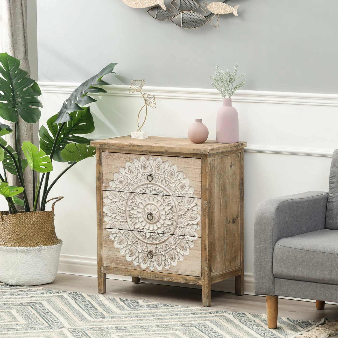 Promo π Rectangle End Tables & Side Tables LuxenHome Natural Wood White Floral 3-Drawer End Table β - Image 3