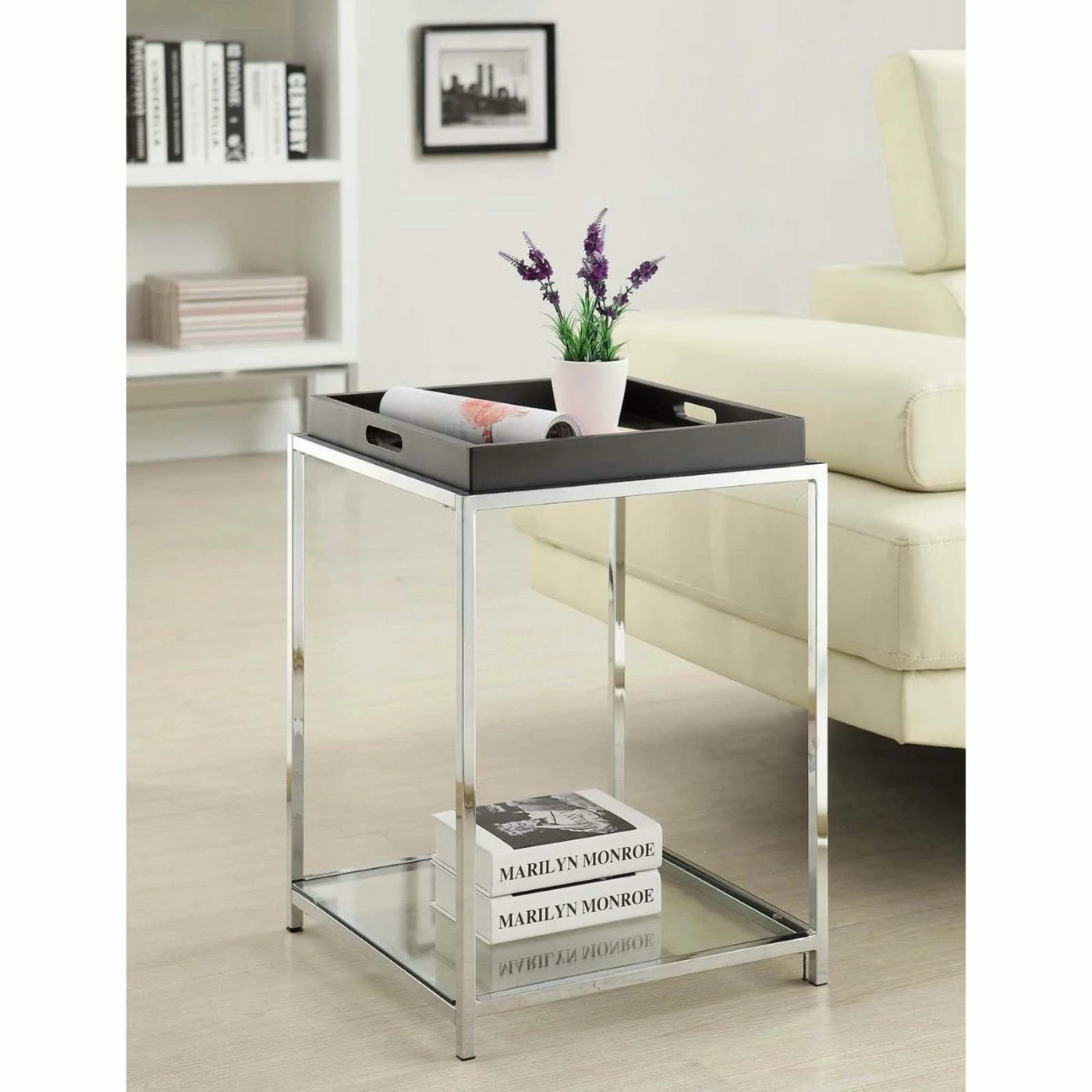Brand new ๐ Square End Tables & Side Tables Convenience Concepts Palm Beach Square Metal And Glass End Table With Removable Tray โค๏ธ - Image 2