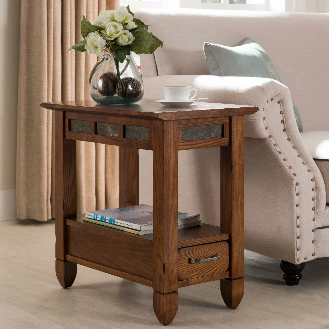 Deals ⌛ Rectangle End Tables & Side Tables Leick Home Slatestone One Drawer Side Table With Slate Tile, Rustic Oak ✔️ - Image 2