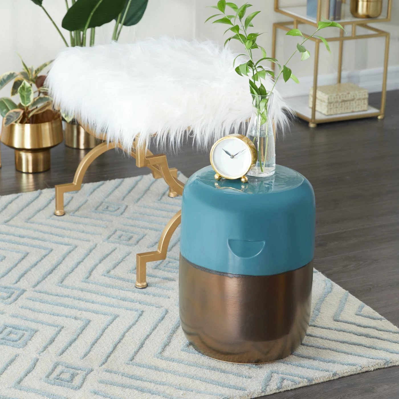Promo 🤩 Round End Tables & Side Tables DecMode Contemporary Round Shiny Aqua Blue And Golden Bronze Accent Table 🤩 - Image 2