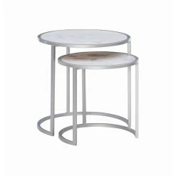 Deals โญ Round End Tables & Side Tables Powell Fraya Nesting Side Tables - Silver Metal Base With White Marble Tops ๐งจ