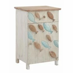 Brand new ❤️ Rectangle End Tables & Side Tables Powell Caspian End Table - Natural And Distressed White With Natural And Blue Fish Design 🔔