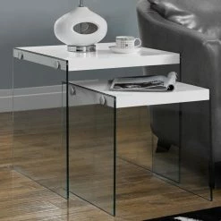 Best Sale 👍 Square End Tables & Side Tables Monarch Specialties 2 Piece Nesting End Table Set - Glossy White 🔔