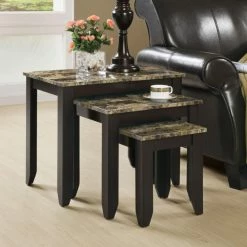 Hot Sale ๐งจ Rectangle End Tables & Side Tables Monarch Specialties Cappuccino Faux Marble Top 3 Piece Nesting Table Set ๐