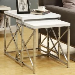 Buy ⌛ Monarch Specialties Square End Tables & Side Tables Monarch Glossy White / Chrome Metal Nesting Tables - 2 Piece Set 🎁
