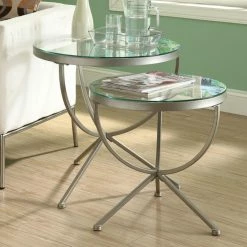 Best deal 🔔 Monarch Specialties Round End Tables & Side Tables Monarch Round Satin Silver Nesting Tables With Tempered Glass - 2 Piece Set 🤩