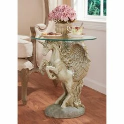 Brand new 🔥 Round End Tables & Side Tables Design Toscano Mystical Winged Unicorn Sculptural Glass-Topped Table ❤️