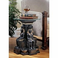 New ⌛ Round End Tables & Side Tables Design Toscano Ramses II Egyptian Sculptural Glass-Topped Table 💯