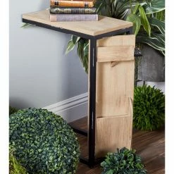 Cheapest 👏 Rectangle End Tables & Side Tables DecMode Rustic Fir Wood And Iron Rectangular Open Frame C-Shaped Side Table ❤️