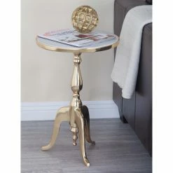 Best Sale ❤️ Round End Tables & Side Tables DecMode Traditional Marble Round Accent Table With Gold Stand 🎁