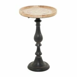 Best Pirce 🎁 Round End Tables & Side Tables DecMode Wood Farmhouse Brown Round Top And Abstract Carved Accent Table ⌛