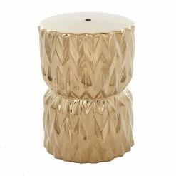 Promo 🔥 Round End Tables & Side Tables DecMode Glam Modern Ceramic Hourglass Body And Geometric Detailed Accent Table - Gold Polished 🎁