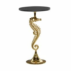 Best deal 💯 Round End Tables & Side Tables DecMode Black Round Top With Aluminum Gold Seahorse Pedestal Accent Table 🔥