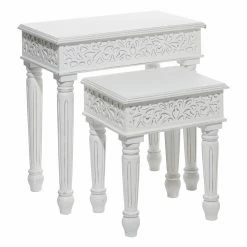 New 👍 Rectangle End Tables & Side Tables DecMode White Wood Rectangular Top With Floral Carved Nesting Accent Table - Set Of 2 🤩