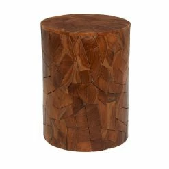 Best Pirce 🎉 Round End Tables & Side Tables DecMode Contemporary Teak Wood Mosaic Detailed Cylindrical Body Accent Table 🎉