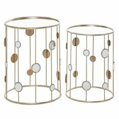 Deals 💯 Round End Tables & Side Tables DecMode Contemporary Iron Clear Round Top With Vertical Bars Support Leg Nesting Accent Table - Set Of 2 😉