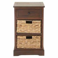 Best Sale ⭐ Rectangle End Tables & Side Tables DecMode Wooden Side Table With Wicker Baskets ⌛